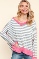 Haptics Heather Grey Stripe Hi-Lo Out Seam Stitch Pullover