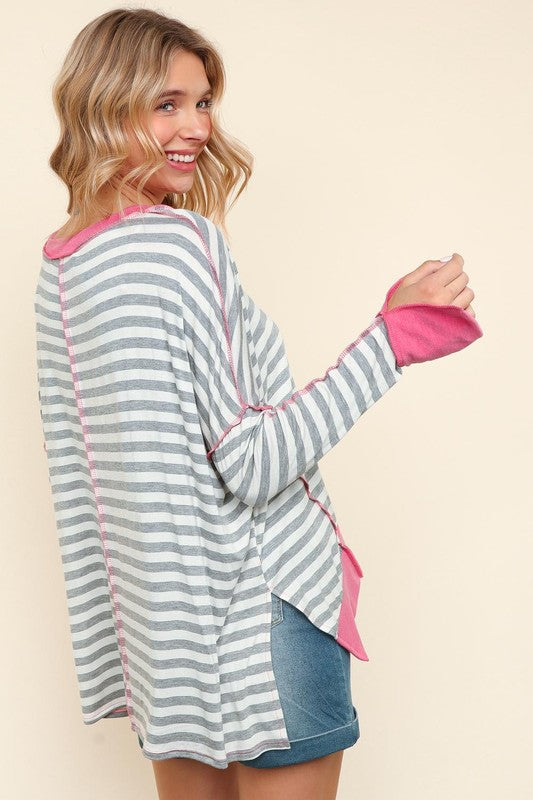 Haptics Heather Grey Stripe Hi-Lo Out Seam Stitch Pullover