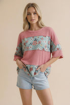 Haptics Garden Party Floral Wave Ribbed Colorblock Top