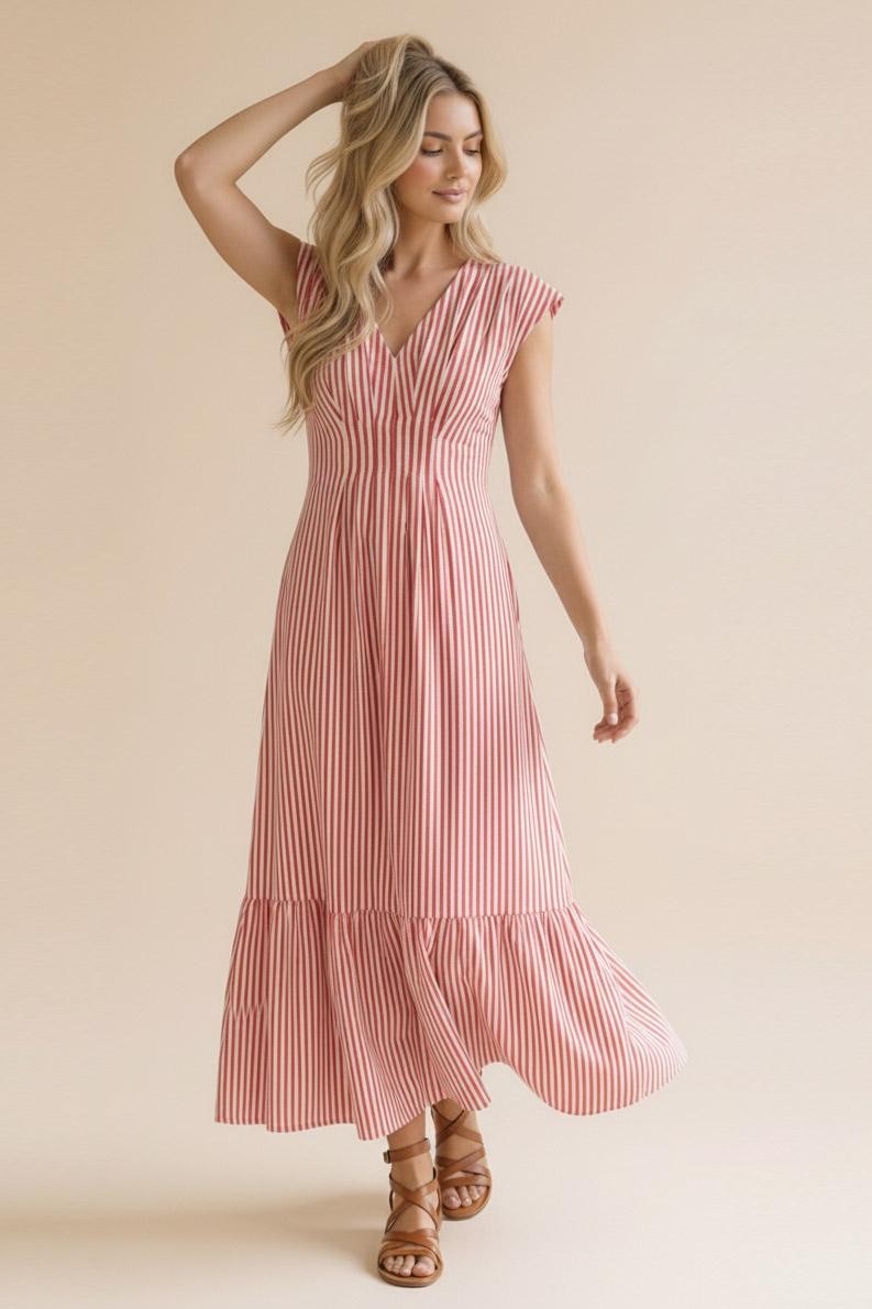 Haptics Sunny Days Striped Pleated Back Smocked Waist Stripe Woven Maxi Dress in Red