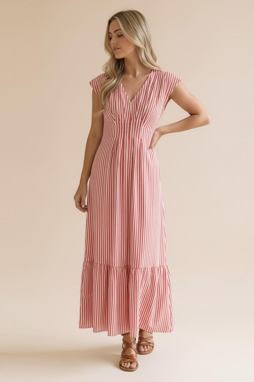Haptics Sunny Days Striped Pleated Back Smocked Waist Stripe Woven Maxi Dress in Red