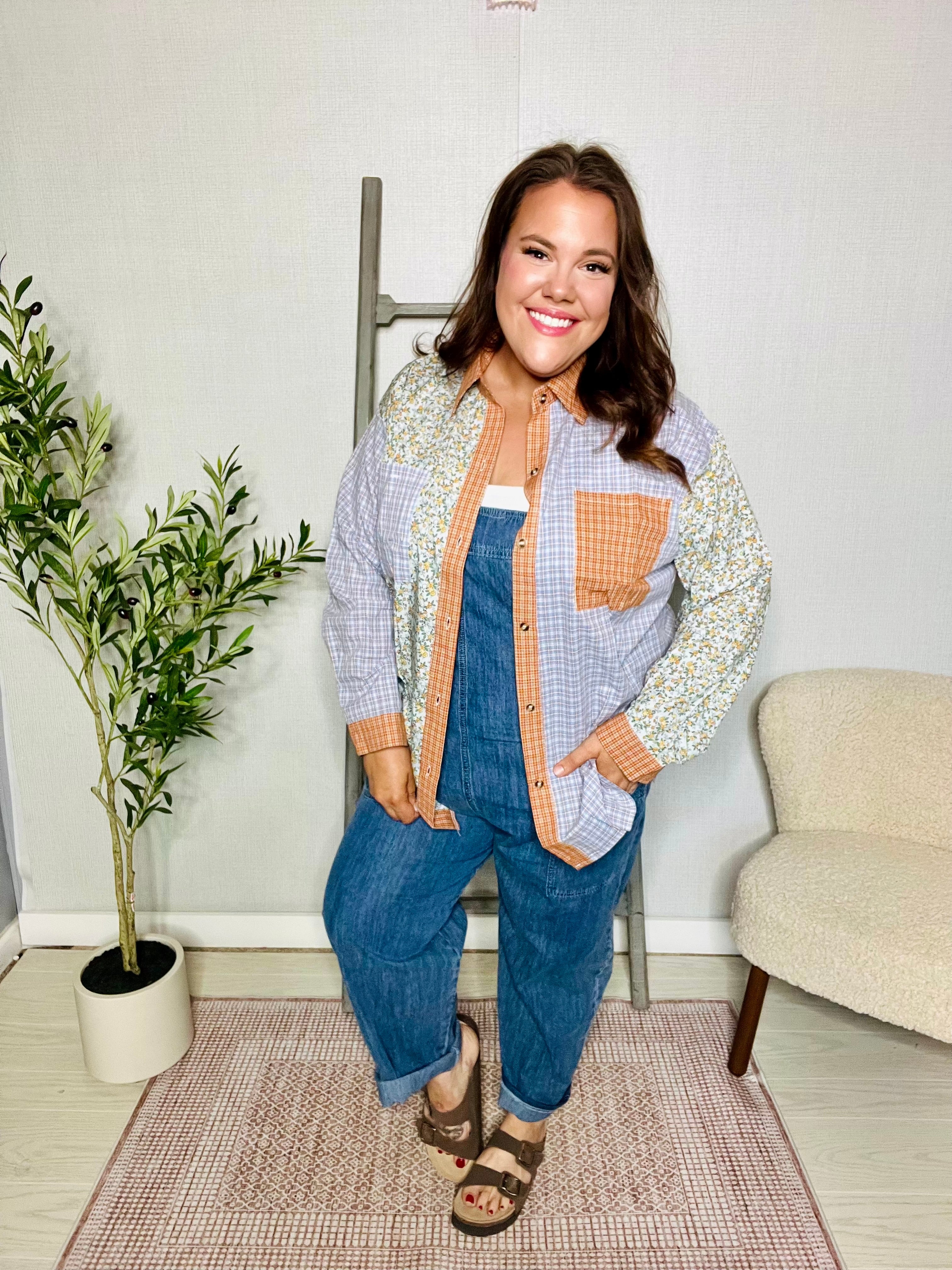 And The Why Lilac/Rust Plaid & Ditzy Floral Color Block Shirt Top