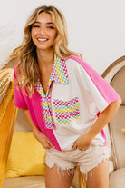 BiBi Mint Color Block Knit with Multi Checker Contrast Top