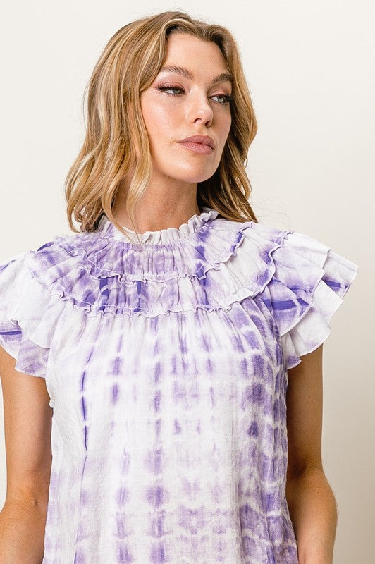 BiBi Tiered Ruffle Neck Tie Dye Top