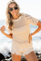 BiBi Blush Crochet Knit Top With Puff Sleeves