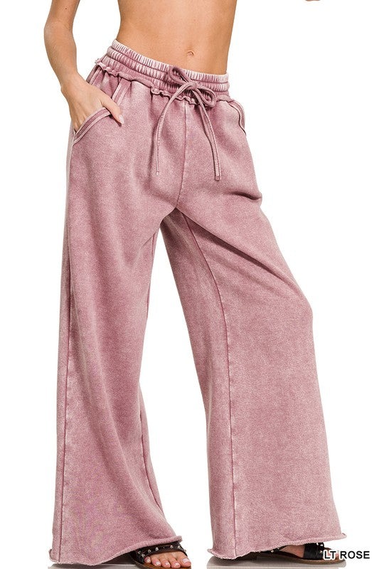 Zenana Marlin Acid Wash Fleece Palazzo Sweatpants with Pockets