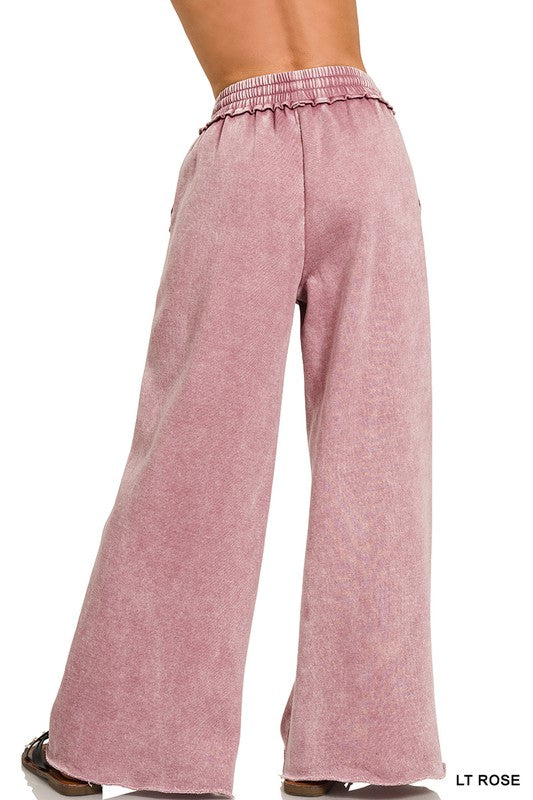Zenana Marlin Acid Wash Fleece Palazzo Sweatpants with Pockets