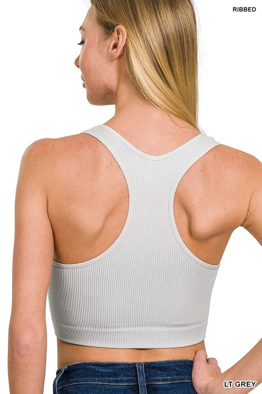 Zenana Black Seamless Ribbed Cropped Racerback Tank Top