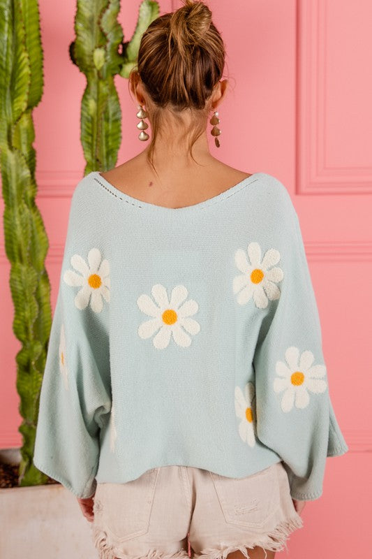 BiBi Oatmeal Flower Embroidery Loose Fit Knit Top