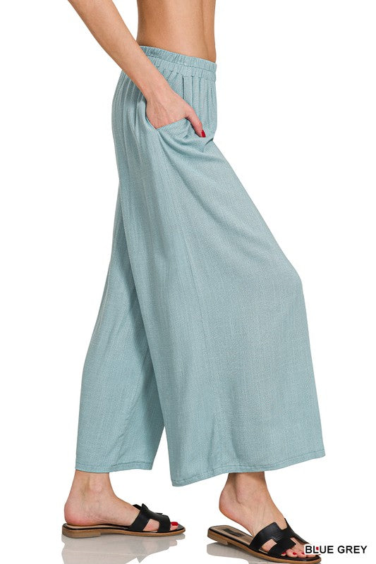Zenana Light Rose Woven Elastic Band Pants With Pocket