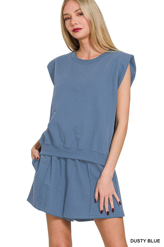 Zenana Light Teal French Terry Sleeveless Top & Shorts Set