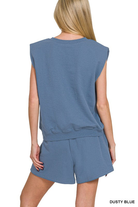 Zenana Light Teal French Terry Sleeveless Top & Shorts Set