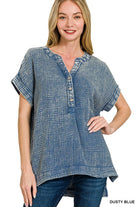 Zenana Bright Mauve Washed Double Gauze 3/4 Button Henley Neck Shirt