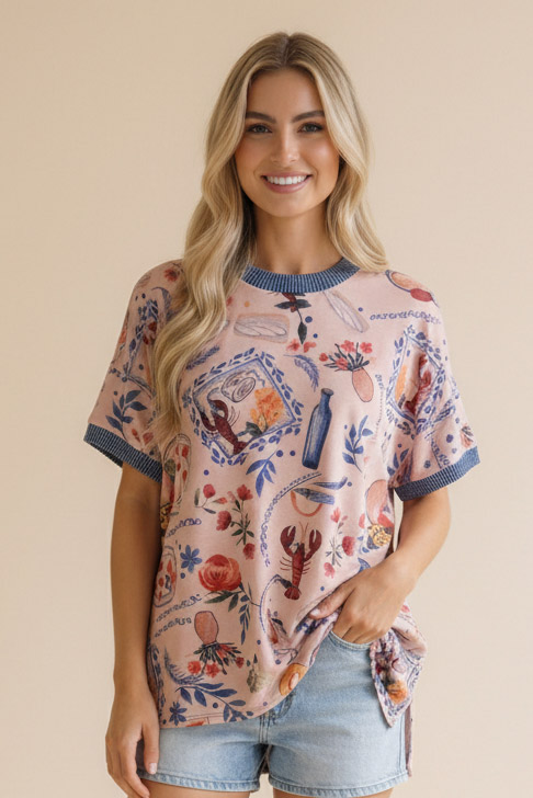 Haptics Lobster & Blooms Printed Ringer Tee