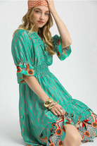 Umgee Turquoise Mint Boho Printed Smocked Waist Flounce Sleeve Midi Dress