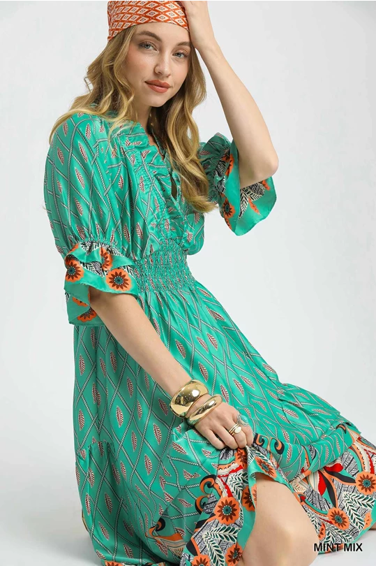 Umgee Turquoise Mint Boho Printed Smocked Waist Flounce Sleeve Midi Dress