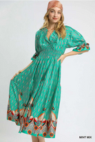 Umgee Turquoise Mint Boho Printed Smocked Waist Flounce Sleeve Midi Dress