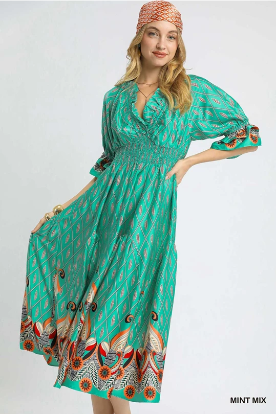 Umgee Turquoise Mint Boho Printed Smocked Waist Flounce Sleeve Midi Dress