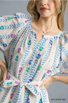 Umgee Boho Arrow Printed Tie Waist Puff Short Sleeve Mini Dress