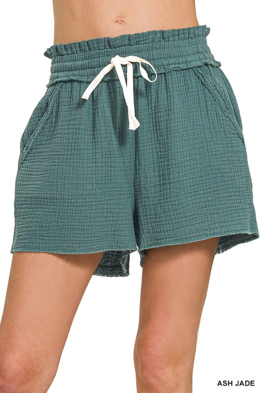 Zenana Turquoise Double Gauze Elasticband Drawstring Waist Shorts