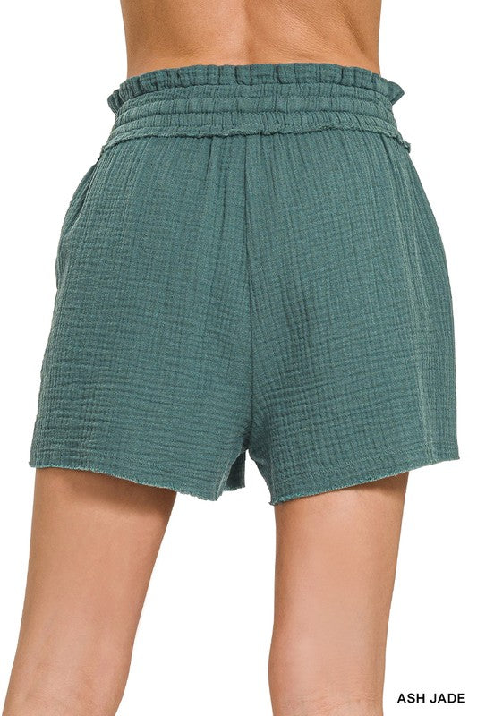 Zenana Turquoise Double Gauze Elasticband Drawstring Waist Shorts