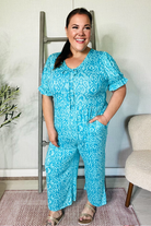 Haptics PLUS Spring Vibes Aqua Ikat Print Ruffle Sleeve Wide Leg Jumpsuit