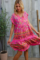 Haptics Fuchsia Floral Print V Neck Dolman Sleeve Dress