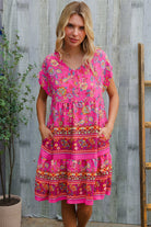 Haptics Fuchsia Floral Print V Neck Dolman Sleeve Dress