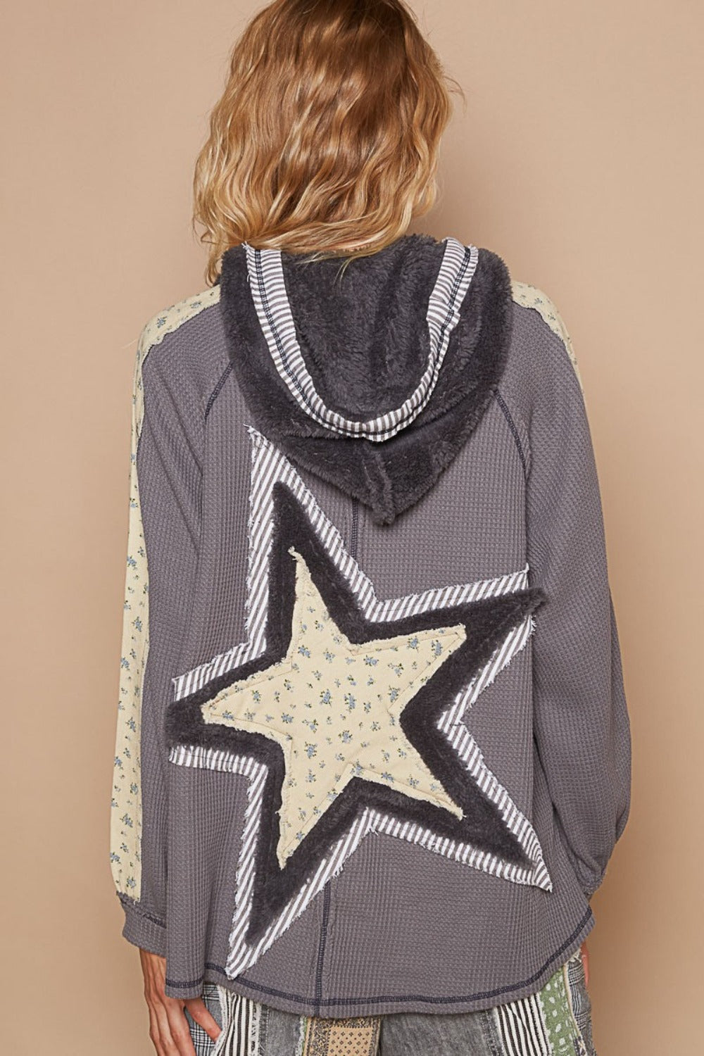 POL Cream Half Zip Up Fleece Mix Back Star Patch Hoodie Trendsi