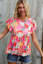 Haptics Coral Floral Print Folded Short Sleeve Babydoll Top