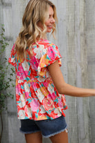 Haptics Coral Floral Print Folded Short Sleeve Babydoll Top