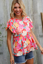 Haptics Coral Floral Print Folded Short Sleeve Babydoll Top