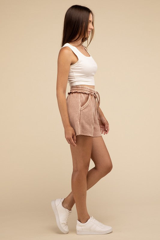 Zenana Acid Wash Fleece Drawstring Shorts With Pockets