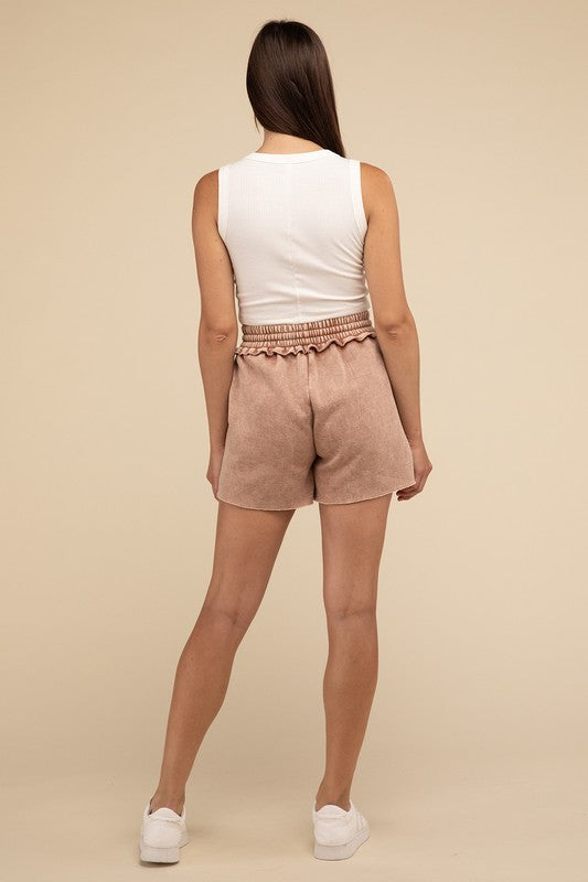 Zenana Acid Wash Fleece Drawstring Shorts With Pockets