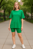 Zenana Kelly Green Cotton Round Neck Top & Biker Shorts K GREEN