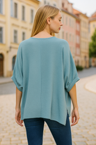 Zenana Blue Gray Woven Airflow V-neck Puff Half Sleeve Top