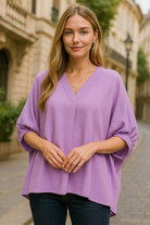 Zenana Lavender Woven Airflow V-neck Puff Half Sleeve Top LAVENDER
