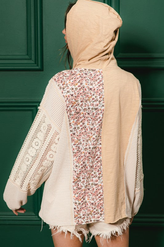 BiBi Ivory Slub Jersey with Lace Combo Buttoned Hoodie Top