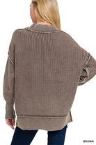 Zenana Mocha Washed Side Slit Oversized Sweater