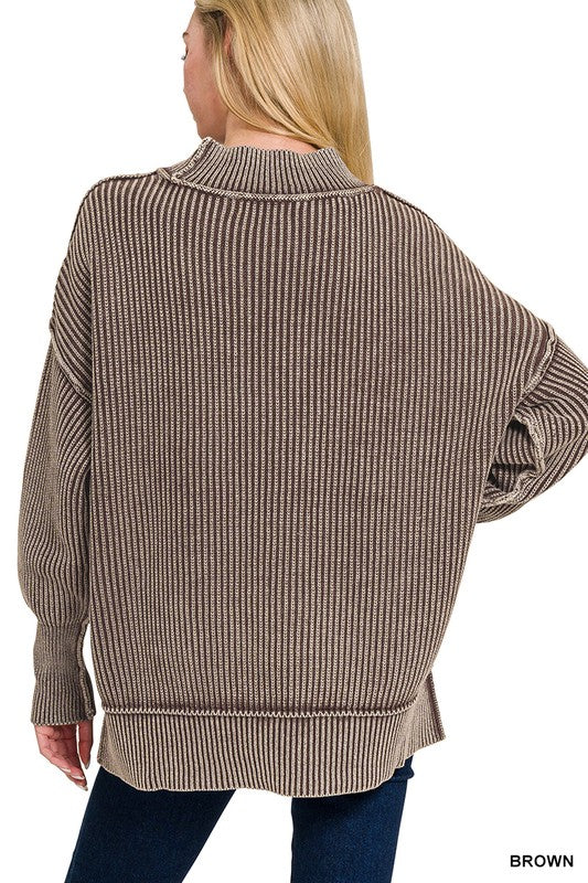 Zenana Mocha Washed Side Slit Oversized Sweater