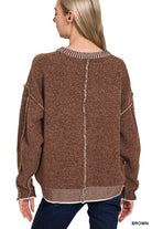 Zenana Deep Camel Exposed Seam Round Neck Sweater