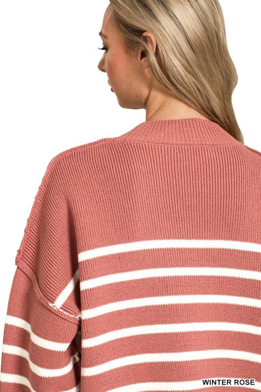 Zenana Black Exposed Seam Striped Oversized Sweater