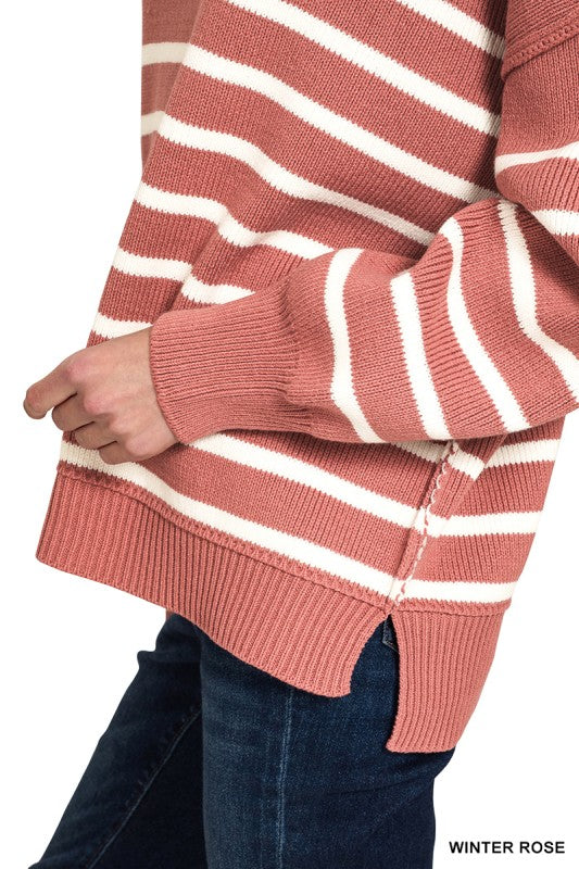 Zenana Black Exposed Seam Striped Oversized Sweater