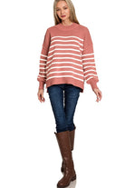 Zenana Black Exposed Seam Striped Oversized Sweater