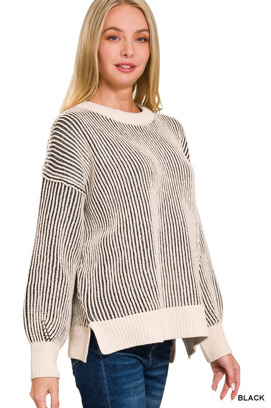 Zenana Brown Two Tone Crewneck Sweater