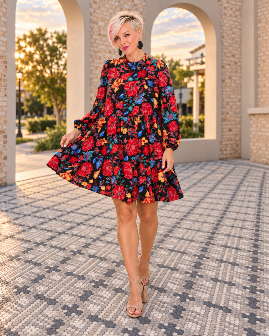Haptics Bold Blooms Long Sleeve Tiered Mini Dress