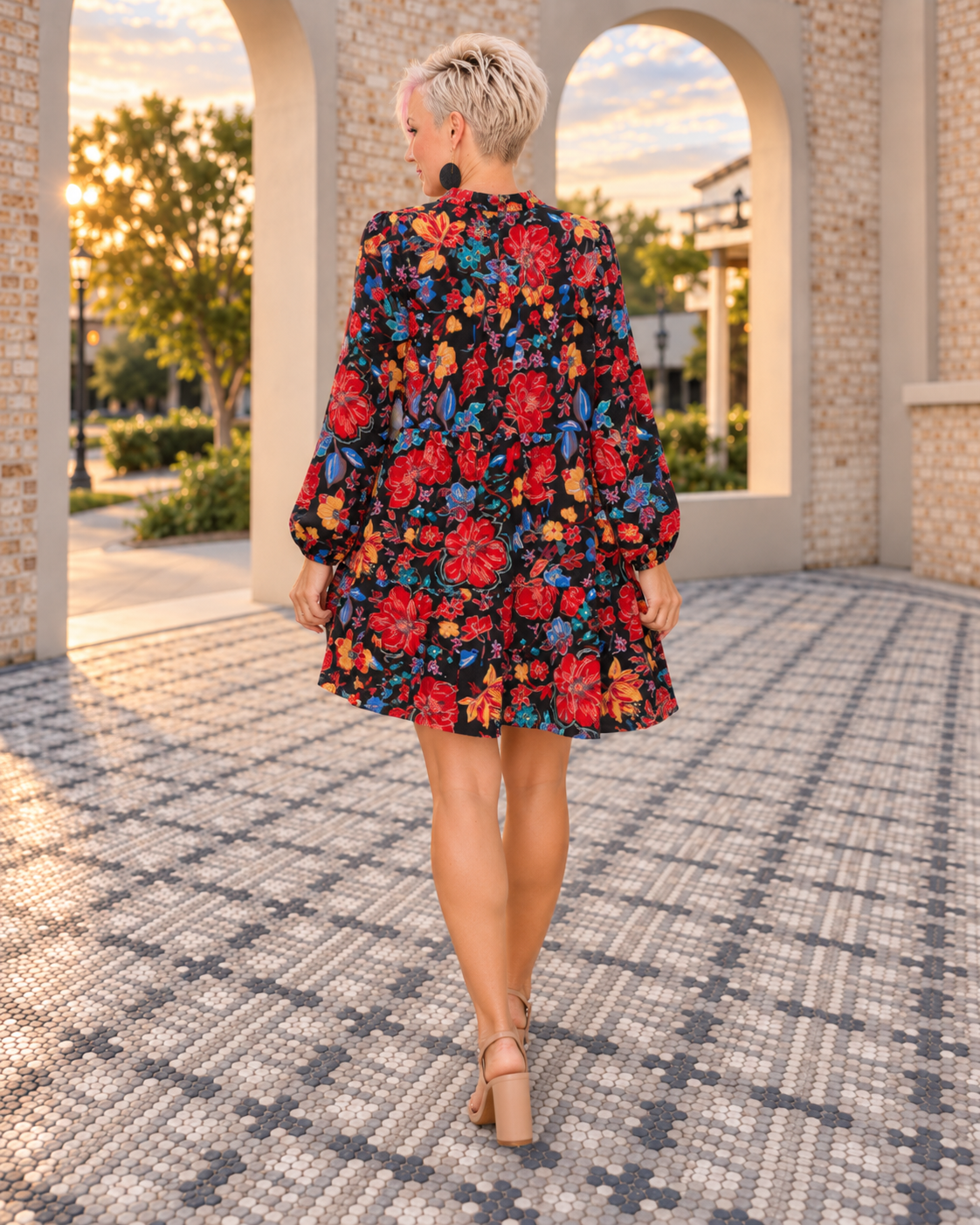 Haptics Bold Blooms Long Sleeve Tiered Mini Dress