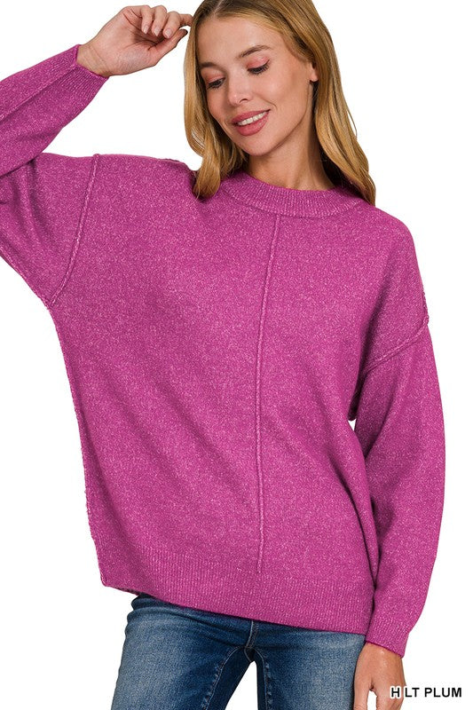 Zenana Heather Gray Melange Front Seam Round-Neck Sweater