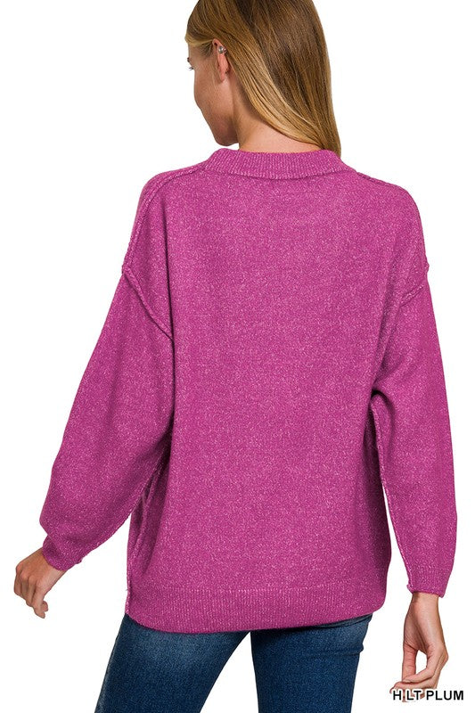 Zenana Heather Gray Melange Front Seam Round-Neck Sweater