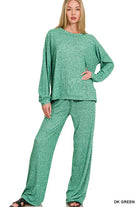 Zenana Black Soft Melange Hacci Long Sleeve Tee & Pants Set